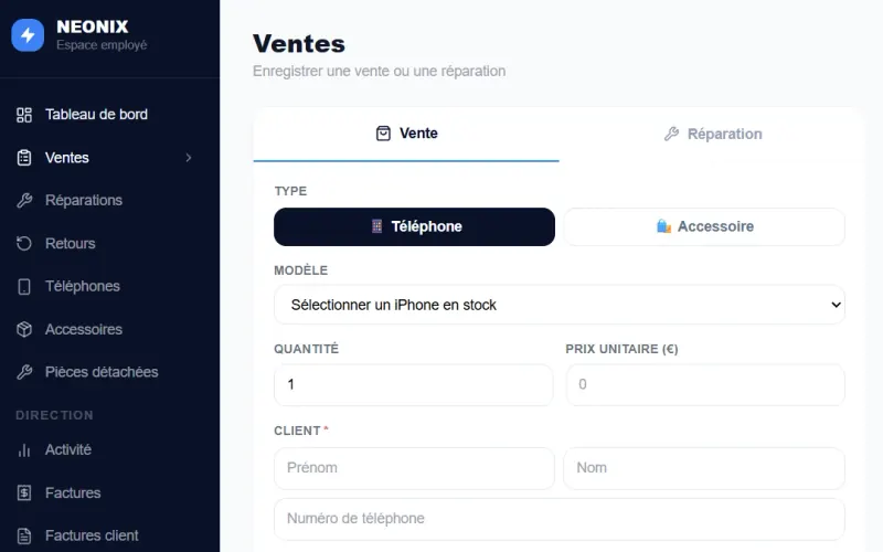 Écran « Ventes » du logiciel de gestion de Neonix : enregistrement d’une vente ou d’une réparation